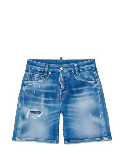 Dsquared2 Kids' Worn-effect Logo-patch Shorts In Blue