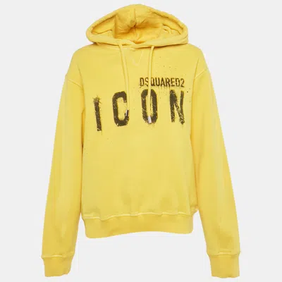 Pre-owned Dsquared2 Yellow Logo Print Cotton Hooded Sweatshirt M