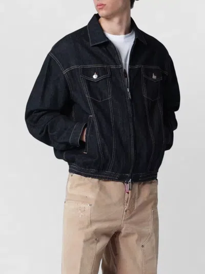 Dsquared2 Zip Up Denim Jacket Collared Contrast Stitching In Black