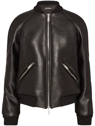 Dsquared2 Zip-up Leather Bomber Jacket In Black