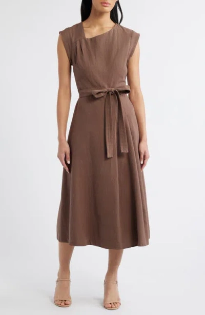 Du Paradis Asymmetrical Neck Midi Dress In Sepia