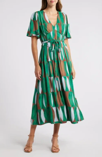 Du Paradis Colleen Short Sleeve Dress In Vintage Green Geo