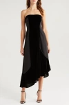 Du Paradis Geneva Mixed Media Strapless Asymmetric Midi Dress In Black