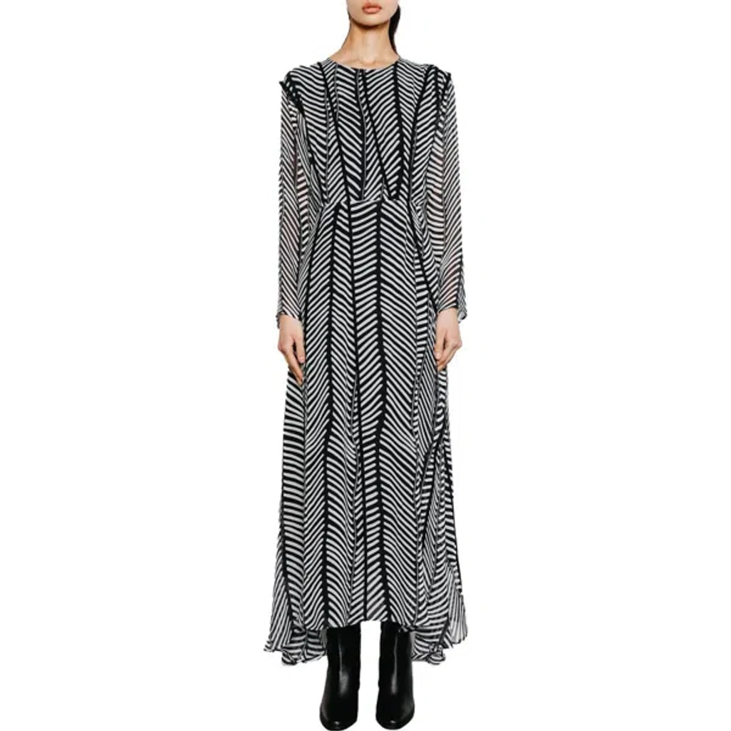 knee length dresses for ladies Floral Chevron Print Long Sleeve Chiffon V-Neck Maxi Dress XL
