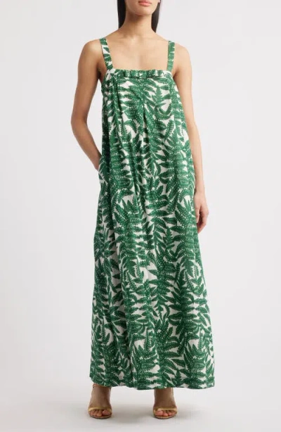 Du Paradis Mimosa Sun Leaf Print Cotton Maxi Dress In Green Leaf Print