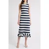 Du Paradis Musa Stripe Ruffle Hem Sleeveless Stretch Cotton Midi Dress In Navy White Stipes