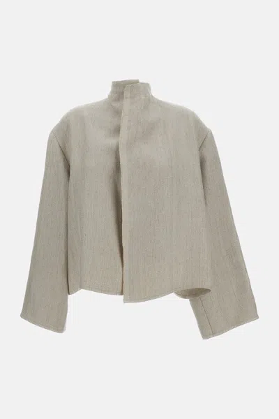 Dušan Beige Open-front Linen Jacket With Fringed Trim In Gray