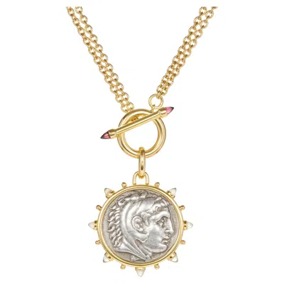 Pre-owned Dubini Alexander The Great Ancient Silver Coin Medallion Gold Toggle Necklace In Multi