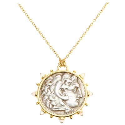Pre-owned Dubini Alexander The Great Ancient Silver Coin Medallion Moonstone Gold Necklace In Multi