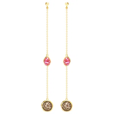 Pre-owned Dubini Alexander The Great Silver Coin 18 Karat Yellow Gold Rhodolite Earrings
