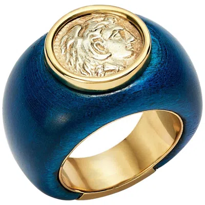 Pre-owned Dubini Alexander The Great Silver Coin 18 Karat Yellow Gold Signet Ring