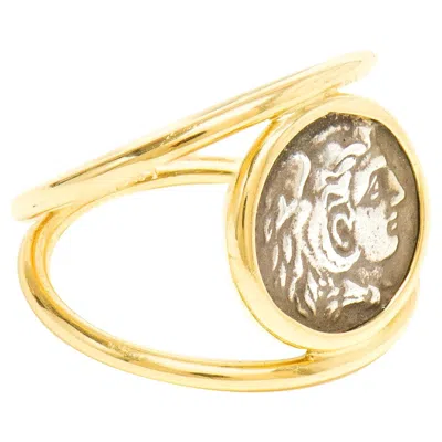 Pre-owned Dubini Alexander The Great Silver Coin 18k Yellow Gold Signet Ring