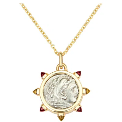 Pre-owned Dubini Alexander The Great Silver Coin Pendant Garnet Citrine 18k Gold Necklace In Multi