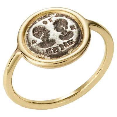Pre-owned Dubini Amor Vincit Omnia Lovers Roman Signet Silver 18 Karat Yellow Gold Ring