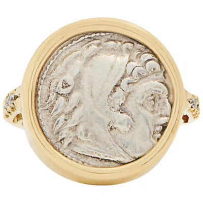 Pre-owned Dubini Ancient Alexander The Great Silver Coin Diamond Signet Yellow Gold Ring