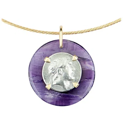 Pre-owned Dubini Ancient Ariarathes Ix Coin Amethyst Medallion 18k Gold Necklace In Purple