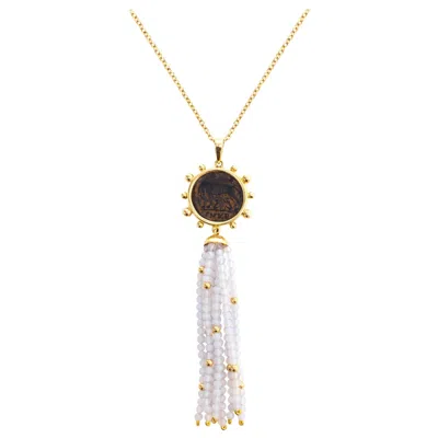 Pre-owned Dubini Ancient Capitoline-wolf Bronze Coin Chalcedony Tassel 18k Gold Necklace In Multi