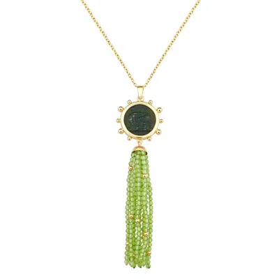 Pre-owned Dubini Ancient Capitoline-wolf Bronze Coin Green Agate Tassel 18k Gold Necklace