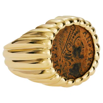 Pre-owned Dubini Ancient Roman Bronze Coin 18 Karat Yellow Gold Signet Ring