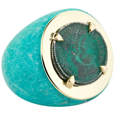Pre-owned Dubini Ancient Roman Imperial Bronze Coin 18 Karat Gold Amazonite Ring In Multi