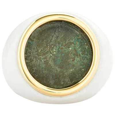 Pre-owned Dubini Ancient Roman Imperial Bronze Coin 18k Yellow Gold White Agate Ring