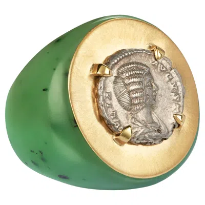 Pre-owned Dubini Ancient Roman Imperial Silver Coin 18 Karat Gold Apple Jade Ring In Green