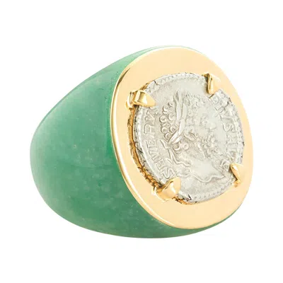 Pre-owned Dubini Ancient Roman Imperial Silver Coin 18 Karat Gold Aventurine Ring In Multi