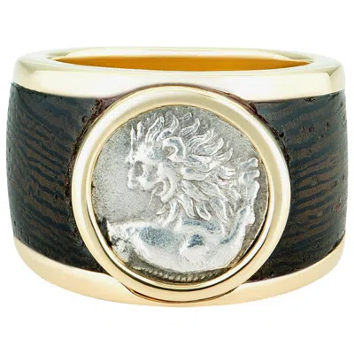 Pre-owned Dubini Ancient Silver Chersonesos Lion Coin Signet Wood 18 Karat Gold Ring In Multi