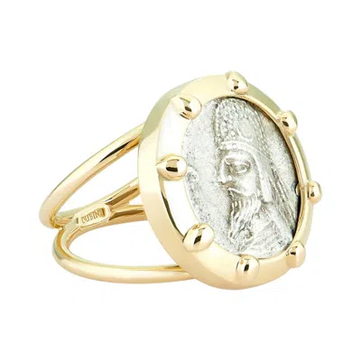 Pre-owned Dubini Ancient Silver Persian Coin Signet 18 Karat Yellow Gold Ring
