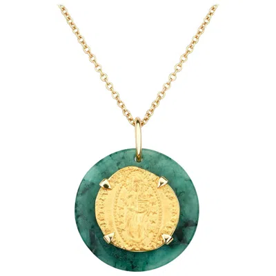 Pre-owned Dubini Ancient Venetian Ducat Coin Emerald Medallion 18 Karat Gold Necklace In Green