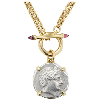 Pre-owned Dubini Apollo Patraos Ancient Silver Coin Pendant Rhodolite Garnet Yellow Gold Necklace