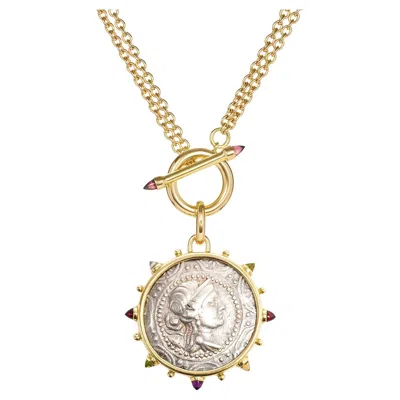 Pre-owned Dubini Artemis Goddess Ancient Silver Coin Medallion Gold Toggle Necklace In Multi