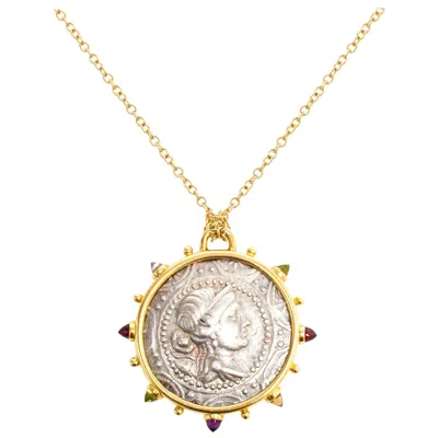 Pre-owned Dubini Artemis Macedon Ancient Silver Coin Medallion 18 Karat Yellow Gold Necklace