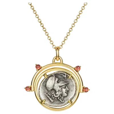 Pre-owned Dubini Athena Ancient Silver Coin Flip Pendant Garnet 18 Yellow Gold Necklace