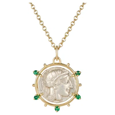 Pre-owned Dubini Athena Ancient Silver Coin Medallion Emerald 18 K Yellow Gold Necklace
