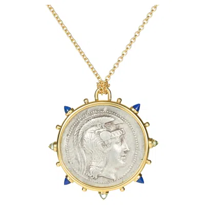 Pre-owned Dubini Athena Ancient Silver Coin Medallion Lapis 18 Karat Yellow Gold Necklace