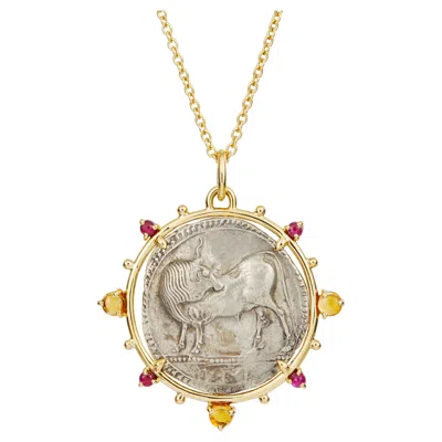 Pre-owned Dubini Bull Ancient Silver Coin 18 Karat Ruby Citrine Cabochon Medallion In Multi