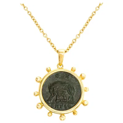 Pre-owned Dubini Capitoline Wolf Ancient Bronze Coin 18k Gold Necklace In Multi