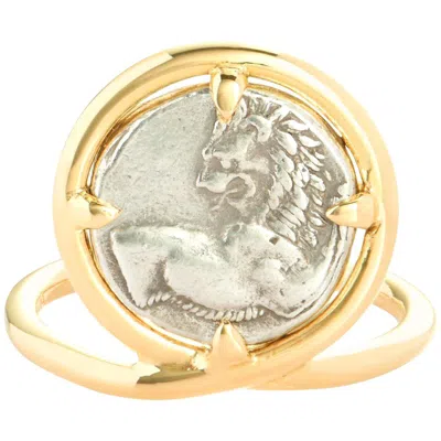 Pre-owned Dubini Chersonesos Lion Ancient Authentic Silver Coin 18 Karat Yellow Gold Ring