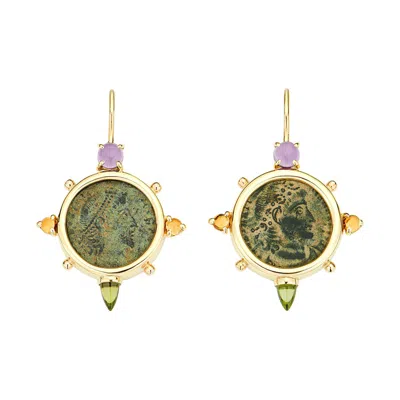 Pre-owned Dubini Constantine Ancient Bronze Coin Amethyst Citrine Peridot Gold Earrings In Purple