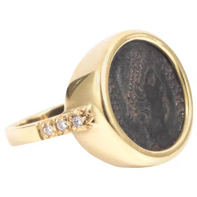 Pre-owned Dubini Constantine Ancient Bronze Coin Diamond 18k Yellow Gold Ring