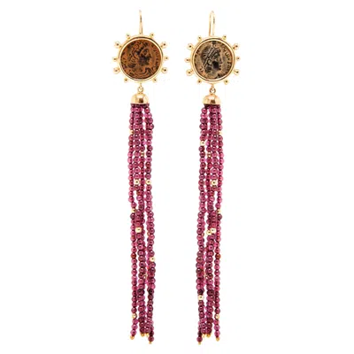 Pre-owned Dubini Constantine Ancient Bronze Coin Garnet Tassel 18 Karat Gold Earrings In Multi