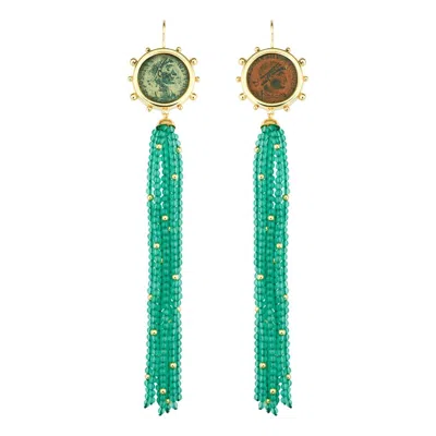 Pre-owned Dubini Constantine Ancient Bronze Coin Green Agate Tassel 18k Gold Earrings