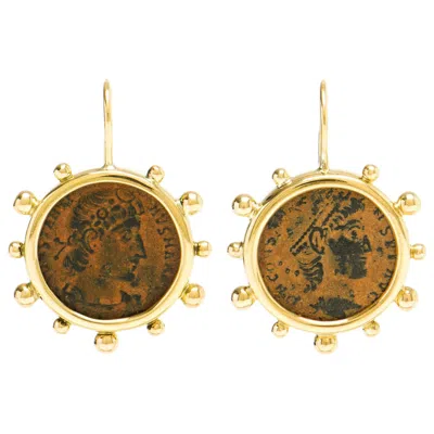 Pre-owned Dubini Constantine Roman Ancient Bronze Coin 18k Yellow Gold Earrings