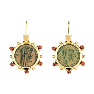 Pre-owned Dubini Constantine Roman Ancient Bronze Coin Citrine Garnet 18k Gold Earrings In Multi