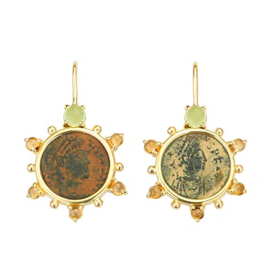 Pre-owned Dubini Constantine Roman Ancient Bronze Coin Peridot Citrine 18k Gold Earrings In Multi