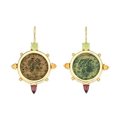 Pre-owned Dubini Constantine Roman Ancient Bronze Coin Peridot Citrine 18k Gold Earrings In Multi