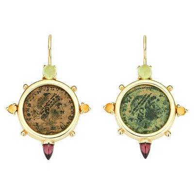 Pre-owned Dubini Constantine Roman Ancient Bronze Coin Peridot Citrine 18k Gold Earrings In Multi