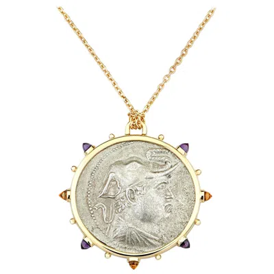 Pre-owned Dubini Demetrius I Ancient Silver Coin Medallion Amethyst Citrine Gold Necklace In Purple