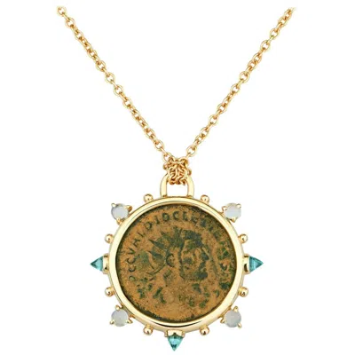Pre-owned Dubini Diocletian Ancient Bronze Coin Medallion Topaz Moonstone 18 Gold Necklace In Multi